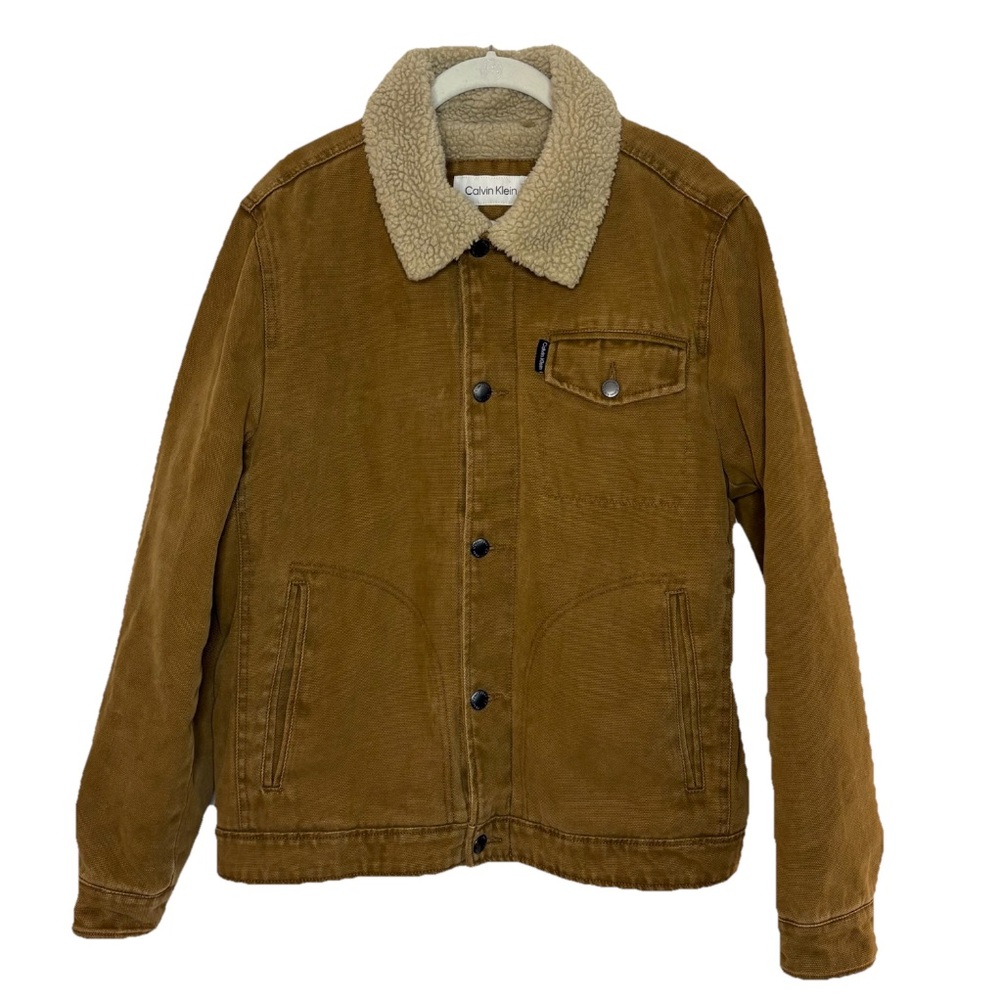 Calvin Klein Jacket Women M Tan Canvas Sherpa Lined Duck Coat Chore Utility